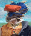 2024 anthro barretina beak black_clothing black_coat black_topwear blue_markings brown_body bust_portrait button_(fastener) ceratopsian clothed clothing cloud coat costume digital_media_(artwork) digital_painting_(artwork) dinosaur dyna_soar embroidery frill_(anatomy) hat head_crest head_frill headgear headwear hi_res high_collar horn impressionist_background male markings ornithischian outside phrygian_cap portrait post-impressionism prehistoric_species red_clothing red_hat red_headwear reptile saurian_(disambiguation) scalie signature sky solo standing three-quarter_view topwear triceratops vest white_dress_shirt yellow_clothing