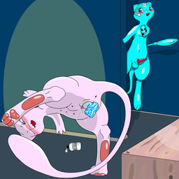 abdominal_bulge animal_genitalia animal_penis anus aroused balls being_watched bent_over blue_body blue_eyes blue_fur blush blush_lines bodily_fluids clitoris dildo dildo_in_vagina dildo_insertion duo ejaculation erection feline_genitalia feline_penis female female_orgasm feral floating fur genital_fluids genitals inside looking_at_another looking_pleasured lube_bottle male masturbation multi_nipple navel nipples one_eye_closed open_mouth orgasm orgasm_face pawpads paws penetration penile_spines penis pink_body pink_pawpads presenting presenting_vulva raised_leg sex_toy sex_toy_in_vagina sex_toy_insertion sheath solo solo_focus spread_legs spreading vaginal vaginal_fluids vaginal_masturbation vaginal_penetration vaginal_squirting vulva hinterlandseer nintendo pokemon generation_1_pokemon legendary_pokemon mammal mew_(pokemon) pokemon_(species) shiny_pokemon absurd_res hi_res