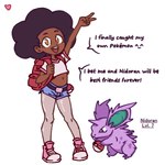 afro backpack bottomwear clothing crop_top dark_body dark_skin duo english_text female feral footwear foreshadowing fur generation_1_pokemon gesture hand_gesture heartear18 hi_res hotpants human legwear level_number male mammal midriff navel nidoran nidoran♂ nintendo pokeball pokemon pokemon_(species) purple_body purple_fur shirt shoes shorts smile sneakers standing text tights topwear v_sign yellow_eyes young young_female young_human