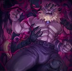 abs anthro big_penis blonde_hair claws clothed clothing corruption duo erection finger_claws genitals groping_from_behind hair huge_penis male male/male mane muscular muscular_anthro muscular_male nipples pecs penis red_eyes tail text topless nurinaki bandai_namco digimon devimon digimon_(species) leomon 2023 hi_res url