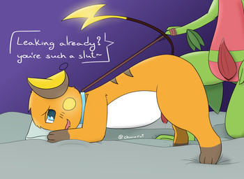 bodily_fluids collar duo genital_fluids genitals leash leash_pull male male/male open_mouth precum text chuurvi nintendo pokemon generation_1_pokemon generation_3_pokemon grovyle pokemon_(species) raichu english_text hi_res