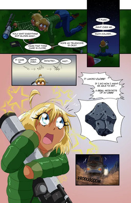 blonde_hair blue_bottomwear blue_clothing blue_jeans blue_pants boots bottomwear clothing cooler denim denim_bottomwear denim_clothing dialogue dialogue_box electronics female footwear grass hair hug jacket jeans meteorite mountain night pants plant profanity radio rock shoes solo sound_effects speech_bubble star telescope text thermos topwear dr_artist jeep tera_rollins_(dr_artist) human mammal comic english_text