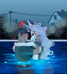 anthro arms_around_neck arms_around_partner blue_eyes bra breasts building claws clothed clothed_anthro clothed_female clothed_human clothed_male clothing cloud cloudy_sky detailed_background duo ear_piercing ear_ring eye_contact eyebrow_piercing eyebrow_ring facial_piercing female finger_claws fingers fur grey_body grey_fur grey_hair grey_sky hair hand_on_cheek heart_symbol house human_on_anthro in_pool interspecies long_hair looking_at_another male male/female medium_breasts outside partially_submerged piercing plant power_line power_lines red_sclera ring_piercing romantic romantic_couple shirt short_hair shrub side_view sky smile topwear underwear utility_pole water white_body white_eyes white_fur myboscha hellaverse helluva_boss mythology loona_(helluva_boss) canid canid_demon canine demon hellhound human mammal mythological_canine mythological_creature absurd_res colored digital_media_(artwork) hi_res shaded
