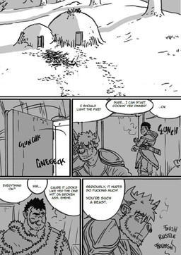 clothing dialogue male piercing profanity snow text husky92 european_mythology greek_mythology mythology bovid bovine human humanoid mammal minotaur orc comic english_text hi_res monochrome multiple_scenes