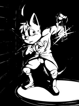 adolescent anthro biped clothed clothed_anthro clothed_male clothing footwear fur hair lamp lantern male male_anthro open_mouth solo tail young young_anthro young_male wintersink canid canine fox mammal 3:4 black_and_white digital_media_(artwork) hi_res high_contrast line_art monochrome