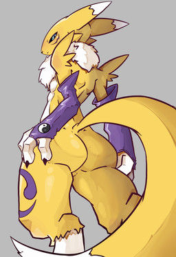 anthro arm_tuft armwear blue_eyes butt clothing elbow_gloves facial_markings featureless_chest featureless_crotch female fingerless_armwear fingers flat_chested fur gloves grey_background hand_on_leg hand_on_thigh handwear head_markings leg_markings long_tail looking_at_viewer looking_back looking_back_at_viewer markings nails neck_tuft nude rear_view shoulder_tuft simple_background solo standing tail tuft white_body white_fur wide_hips yellow_body yellow_fur yellow_tail yin_yang snoutless bandai_namco digimon canid digimon_(species) mammal renamon 2025 absurd_res digital_drawing_(artwork) digital_media_(artwork) hi_res