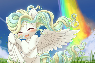 blush cloud eyes_closed feathered_wings feathers female feral grass hair long_hair multicolored_hair multicolored_tail open_mouth open_smile plant rainbow sky smile solo tail wind wings symbianl friendship_is_magic hasbro my_little_pony mythology vapor_trail_(mlp) equid equine mammal mythological_creature mythological_equine pegasus 2020 3:2 digital_media_(artwork) hi_res