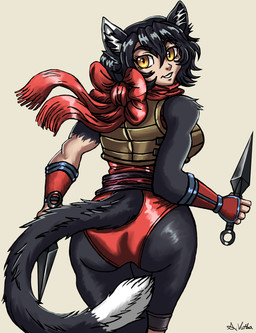 anthro arm_back bent_arm big_eyes biped black_hair bodysuit butt clothing dipstick_tail eyebrows eyelashes female fur furgonomic_bodysuit furgonomic_topwear furgonomics grey_body grey_fur hair holding_object holding_weapon humanoid_face inner_ear_fluff kunai light_body light_skin long_tail looking_at_viewer looking_back markings open_mouth pointy_ears pose prick_ears rear_view red_bodysuit red_clothing red_scarf red_skinsuit red_topwear scarf short_hair simple_background skinsuit smile solo standing straight_hair tail tail_markings tan_background tan_clothing tan_topwear tan_vest teeth thick_eyebrows tight_clothing topwear tuft vest weapon white_hair white_tail_tip wrist_guards yellow_eyes thelivingshadow delicious_in_dungeon izutsumi_(delicious_in_dungeon) domestic_cat felid feline felis mammal 2026 colored digital_drawing_(artwork) digital_media_(artwork) hi_res portrait shaded signature soft_shading three-quarter_portrait