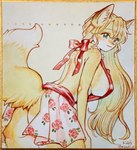 anthro apron areola areola_slip blue_eyes bottomless bottomless_anthro bow_ribbon clothed clothing female flower gold-rimmed_board hair kemono pattern_clothing plant rose_(flower) solo kiichi canid canine fox mammal hi_res