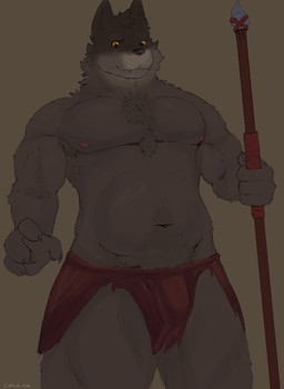 clothed clothing fur grey_body grey_fur male melee_weapon muscular polearm slightly_chubby smile solo spear weapon chalaren canid canine canis mammal wolf absurd_res hi_res