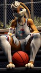 anthro ball basketball_(ball) blonde_hair blue_eyes bottomwear brown_body brown_fur buckteeth chain-link_fence clothing crop_top detailed_background eyelashes eyeshadow female fence fingers floppy_ears fur gloves hair handwear leg_warmers legwear long_ears looking_at_viewer makeup multicolored_body multicolored_fur night outside pawpads paws purple_eyeshadow shirt short_hair shorts sitting smile solo tan_body tan_fur teeth topwear tune_squad_outfit tune_squad_outfit_(1996) two_tone_body two_tone_fur honorboundnoob fallout looney_tunes microsoft space_jam warfare_machine warner_brothers lola_bunny vault_boy warfare_lola lagomorph leporid mammal rabbit 2023 3d_(artwork) 9:16 digital_media_(artwork) hi_res source_filmmaker_(artwork)