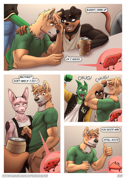 5_fingers alcohol alcohol_consumption anthro beard belt beverage beverage_can biceps blush bottomwear brown_body brown_fur chest_tuft clothed clothing collarbone dialogue drinking_beer drunk duo eyebrows facial_hair fingers floppy_ears fur gesture goatee green_clothing group hair hand_gesture hand_in_pocket holding_object jacket leaning_on_table letterman_jacket liver male muscular muscular_anthro muscular_male open_mouth organs page_number pants pink_tongue pockets shirt simple_background smile speech_bubble substance_intoxication tail talking_to_another tank_top tapering_tongue text text_in_background thumbs_up tongue topwear tuft flicklock mythology cane_(flicklock) henry_(flicklock) bird_dog canid canine canis cougar domestic_cat domestic_dog dragon felid feline felis golden_retriever hunting_dog mammal mastiff molosser mythological_creature mythological_scalie retriever rottweiler scalie siamese_cat absurd_res colored comic digital_drawing_(artwork) digital_media_(artwork) english_text hi_res shaded url