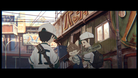 anthro baseball_bat baseball_cap bat_(object) black_hair brown_hair clothing eyes_closed grin group hair hat headgear headwear japan kemono male outside overalls pattern_clothing pattern_shirt pattern_topwear shirt smile striped_clothing striped_shirt striped_topwear stripes topwear trio young young_anthro young_human young_male nishiko24 ookami_(nishiko24) canid canine canis human mammal wolf 16:9 2019 hi_res japanese_description widescreen