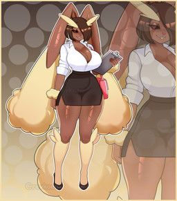anthro anthrofied athletic athletic_wear big_breasts big_butt border bottle bottomwear bra breasts butt clipboard clothing container female fluffy fluffy_tail hair holding_clipboard holding_object inside jacket long_hair looking_back muscular muscular_female office office_clothing office_lady one_eye_closed pink_hair pokemorph shorts smile solo tail thick_thighs topwear underwear wide_hips wink yellow_border revkoen nintendo pokemon generation_4_pokemon lagomorph lopunny mammal pokemon_(species) absurd_res hi_res