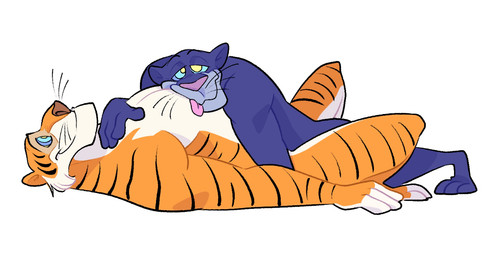 anthro anthro_on_anthro cross-eyed duo half-closed_eyes hypnosis lying lying_on_another male male/male melanistic mind_control narrowed_eyes on_back ringed_eyes simple_background smile whiskers himbonosis the_jungle_book bagheera_(jungle_book) shere_khan felid leopard mammal pantherine tiger 2025 hi_res