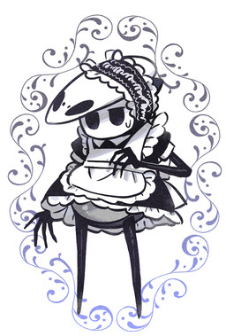 anthro apron black_arms black_clothing black_dress black_legs blue_leaves bodily_fluids clothed clothed_anthro clothing crossdressing crossdressing_male dress frilly frilly_clothing frilly_dress grey_body leaf lidded_eyes maid_headdress maid_uniform male mask pattern_background purple_leaves simple_background solo standing sweat sweatdrop textured_background uniform unimpressed upskirt wearing_mask white_apron white_background white_clothing white_head souhakuno_tinko hollow_knight_(franchise) team_cherry quirrel_(hollow_knight) arthropod insect 2025 digital_media_(artwork) shaded simple_shading