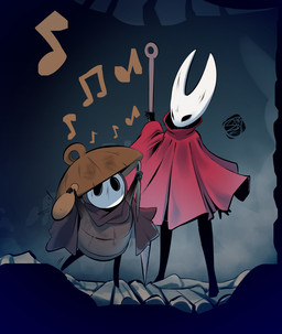 ambiguous_gender black_fingers black_hands black_legs cloak clothed clothing duo exoskeleton female grey_body grey_exoskeleton headgear headwear musical_note musical_symbol red_cloak red_clothing symbol white_head drowtales_(artist) hollow_knight:_silksong hollow_knight_(franchise) team_cherry hornet_(hollow_knight) sherma_(hollow_knight:_silksong) arthropod insect