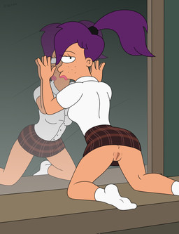 1_eye anus bottomwear butt clothing female footwear freckles genitals hair kneeling legwear looking_at_viewer looking_back mirror not_furry on_model ponytail presenting purple_hair reflection skirt socks solo spread_legs spreading vulva freako comedy_central futurama turanga_leela cyclops humanoid mammal hi_res