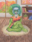 anthro big_breasts blue_hair breasts buckteeth claws cleavage clothed clothing crossed_legs dress female fluffy fluffy_tail freckled_face freckles gradient_eyes green_body hair inner_ear_fluff looking_at_viewer orange_clothing orange_dress rug shelf sitting sitting_on_ground slightly_chubby solo tail teeth tuft conditional_dnp octavetothink connie_(octavetothink) mammal rodent sciurid tree_squirrel 2020 absurd_res colored_pencil_(artwork) hi_res traditional_media_(artwork)