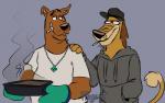 anthro anthrofied black_nose brown_body brown_fur clothed clothing drugs duo eye_contact eyebrows fur grey_background hand_on_shoulder handwear hat headgear headwear hoodie jewelry looking_at_another male marijuana necklace oven_mitts pan raised_eyebrow shirt simple_background slightly_chubby smile steam topwear rhyset hanna-barbera johnny_test_(series) scooby-doo_(series) dukey scooby-doo canid canine canis domestic_dog great_dane mammal mastiff molosser 2019 crossover signature unavailable_at_source