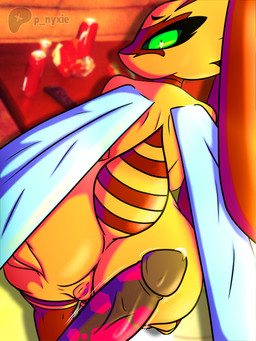 antennae_(anatomy) anthro anus arthropod_abdomen ass_up bent_over big_butt blurred_background bodily_fluids brown_knee_socks bubble_butt butt butt_grab clothing duo enticing eyebrows eyelashes female first_person_view footwear footwear_only genital_fluids genitals glistening glistening_body green_eyes hand_on_butt insect_wings leaking_precum looking_at_viewer looking_back male male/female mostly_nude nude penis penis_on_butt photo_background precum presenting presenting_hindquarters presenting_vulva seductive socks socks_only thick_eyebrows thick_eyelashes thick_thighs throbbing throbbing_penis vulva wide_hips wings yellow_body painting_nyxie nyxie_(painting_nyxie) arthropod bee hymenopteran insect 3:4 absurd_res digital_drawing_(artwork) digital_media_(artwork) hi_res mixed_media photography_(artwork)
