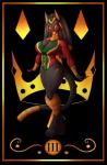 4_toes anthro big_breasts black_background black_body black_fur black_hair breasts card card_template claws cleavage clothed clothing crown dreadlocks ear_piercing egyptian empty_eyes feet female fortune_telling fur hair headgear major_arcana piercing queen royalty simple_background solo tarot tarot_card the_empress_(tarot) toes undeadkitty13 domestic_cat felid feline felis mammal hi_res