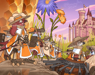 ambiguous_gender anthro backpack castle clothing flower group gun hat headgear headwear melee_weapon musket open_mouth outside plant ranged_weapon standing sword uniform volley_gun weapon yawn roawayart beekeepers_(roawayart) avian 2024 hi_res