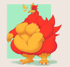 anthro beak belly big_belly big_breasts blonde_hair breasts emanata eyelashes featureless_breasts female green_eyes hair hand_on_belly huge_breasts multicolored_body navel nude obese obese_anthro obese_female open_beak open_mouth overweight overweight_anthro overweight_female red_body red_hair solo square_background two_tone_body yellow_body mysticroc banjo-kazooie rareware kazooie avian breegull