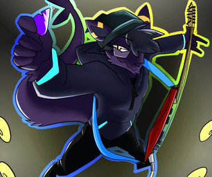 anthro beanie black_body black_fur clothing electric_guitar eyewear fur glasses guitar guitar_pick hat headgear headwear male musical_instrument plucked_string_instrument simple_background solo string_instrument yellow_eyes topazknight kittycat_laz hybrid hi_res
