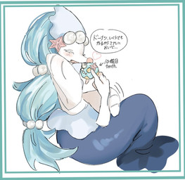 ambiguous_gender anthro blue_hair blush blush_lines dessert disembodied_hand doughnut duo eyelashes eyes_closed fangs feeding food gem hair heart_symbol open_mouth pastry pearl_(gem) simple_background split_form starfish_(accessory) tail teeth text white_body beloved_siren nintendo pokemon asterozoan echinoderm generation_7_pokemon human mammal marine pokemon_(species) primarina starfish 2025 english_text japanese_text translation_request