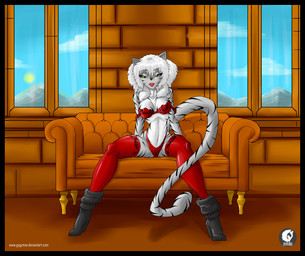 anthro bedroom_eyes biped black_border boots border breasts clothing female footwear fur furniture grey_body grey_fur half-closed_eyes high_heeled_boots high_heels inside legwear lingerie mountain multicolored_body multicolored_fur narrowed_eyes naughty_face seductive shoes sofa solo suggestive sun text thigh_highs white_body white_fur window gygyman felid mammal pantherine tiger absurd_res hi_res url
