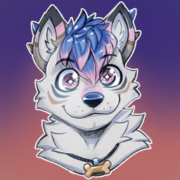 ambiguous_gender blue_hair cheek_tuft facial_tuft fur fur_markings gradient hair head_tuft jewelry looking_at_viewer markings mostly_nude neck_tuft necklace smile solo sparkles sparkling_eyes tuft white_body white_fur raineshadowpaw pupseraph_(character) canid canine canis domestic_dog mammal 1:1 headshot_portrait icon portrait