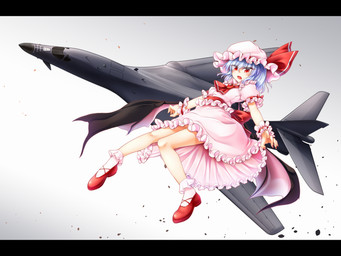 aircraft airplane alternative_fashion ascot black_bars blue_hair bonnet classic_lolita clothed clothing colored_nails dress fangs female footwear hair hat headgear headwear j-fashion jet legwear lolita_(fashion) membrane_(anatomy) membranous_wings mobcap nails not_furry open_mouth pink_nails red_eyes ribbons shoes short_hair socks solo teeth vehicle wings m9kndi touhou remilia_scarlet humanoid vampire 4:3 hi_res letterbox