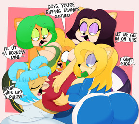 5_fingers abstract_background anthro aroused bedroom_eyes big_breasts big_butt blonde_hair blue_hair blush breast_fondling breast_grab breast_play breast_squish breasts butt clothed clothing curvy_figure eyes_closed eyeshadow female fingers fondling fur green_eyes green_eyeshadow green_hair group hair hand_on_breast heart_eyes heart_symbol huge_breasts huge_butt hyper hyper_breasts larger_female lipstick makeup markings mole_(marking) mole_under_eye motion_lines multicolored_body multicolored_fur narrowed_eyes nervous nervous_smile open_mouth orange_body orange_fur purple_eyeshadow purple_hair purple_lipstick red_lipstick seductive shirt simple_background size_difference smaller_female speech_bubble squish tan_body tan_fur text thick_thighs topwear torn_clothing torn_shirt torn_topwear two_tone_body two_tone_fur voluptuous voluptuous_anthro voluptuous_female wide_hipped_anthro wide_hipped_female wide_hips 3barts activision crash_bandicoot_(series) crash_team_racing_(series) ami_bandicoot coco_bandicoot isabella_bandicoot liz_bandicoot megumi_bandicoot nitro_squad tawna_bandicoot bandicoot mammal marsupial 2026 digital_drawing_(artwork) digital_media_(artwork) english_text hi_res