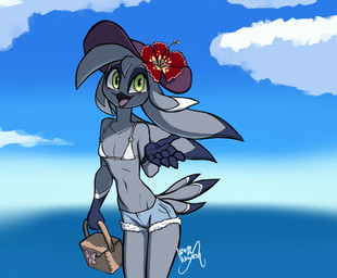 anthro basket beak bikini bikini_top blue_body blue_feathers blush bottomwear clothed clothed_anthro clothed_male clothing container crossdressing eyeshadow feathers femboy flower_in_hat grey_body grey_feathers hat headgear headwear hotpants makeup male male_anthro multicolored_body multicolored_feathers navel offering_hand offering_to_viewer picnic_basket shorts slim_anthro slim_male smile solo standing sun_hat swimwear two-piece_swimsuit white_body white_feathers wayesh dominique_(wayesh) avian bird common_gull gull lari larid 2025 hi_res signature andromorph_(lore)