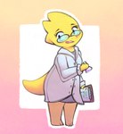 anthro barefoot clipboard clothing coat eyewear feet female flask glasses holding_clipboard holding_flask holding_object lab_coat open_mouth scales shirt simple_background solo standing tail thick_tail topwear yellow_body yellow_scales gollysockz undertale undertale_(series) alphys lizard reptile scalie hi_res