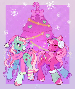 blush candy candy_cane christmas_clothing christmas_headwear christmas_tree clothed clothed_female clothed_feral clothing cutie_mark dessert duo earmuffs eyes_closed feathering female female_feral feral food fur green_body green_clothing green_fur green_leg_warmers green_legwear happy hat headgear headwear holidays hooves leg_warmers legwear light long_mane long_tail mane multicolored_mane no_pupils open_mouth open_smile pattern_clothing pattern_leg_warmers pattern_legwear pink_body pink_bow pink_clothing pink_eyes pink_fur pink_hat pink_headwear pink_hooves pink_mane pink_scarf pink_tail pink_tongue plant purple_background quadruped santa_hat scarf simple_background smile smiling_at_another smiling_at_each_other snowflake sparkles standing striped_clothing striped_leg_warmers striped_legwear stripes tail tongue tree two_tone_mane two_tone_tail unguligrade white_clothing white_leg_warmers white_legwear llorienart a_very_minty_christmas christmas hasbro mlp_g3 my_little_pony my_little_pony_(2003) minty_(mlp_g3) pinkie_pie_(g3) earth_pony equid equine horse mammal pony 2025 colored digital_drawing_(artwork) digital_media_(artwork) english_description hi_res lighting shaded