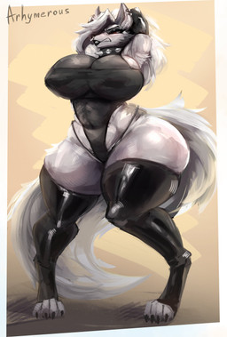 4_toes anthro armwear big_breasts big_tail biped black_armwear black_claws black_clothing black_collar black_eyebrows black_eyeshadow black_legwear black_leotard black_lipstick black_nose black_thigh_highs black_thong black_underwear border breasts claws clothed clothed_anthro clothed_female clothing collar curvy_figure ear_piercing ear_ring eyebrows eyelashes eyeshadow facial_piercing feet female female_anthro fur glistening glistening_body glistening_clothing glistening_legwear glistening_thigh_highs grey_body grey_fur grey_inner_ear grey_tail hands_behind_head huge_breasts latex latex_armwear latex_clothing latex_legwear latex_thigh_highs legwear leotard lipstick makeup multicolored_body multicolored_fur navel nipple_outline nose_piercing nose_ring orange_background piercing pointy_ears prick_ears pupils red_sclera ring_piercing septum_piercing septum_ring simple_background skinsuit slit_pupils solo spiked_collar spikes standing tail teeth text thigh_highs thong thong_straps tight_clothing toe_claws toeless_thigh_highs toes two_tone_body two_tone_fur underwear voluptuous voluptuous_anthro voluptuous_female white_body white_border white_eyes white_fur arhymerous hellaverse helluva_boss mythology loona_(helluva_boss) canid canid_demon canine demon hellhound mammal mythological_canine mythological_creature 2026 absurd_res artist_name digital_media_(artwork) hi_res