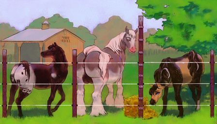 animal_genitalia animal_vulva anus blue_eyes equine_genitalia equine_vulva female fence feral field genitals group looking_at_viewer multicolored_body stable tail tail_aside teasing teats trio vulva yellow_eyes bluehandfish marmor_(mrub) clydesdale draft_horse equid equine horse mammal pinto_horse warmblood 7:4 absurd_res hi_res painting_(artwork) traditional_media_(artwork)