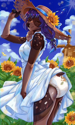 abdl anthro breasts butt clothed clothing diaper diaper_fetish dress eyes_closed female flower hat headgear headwear one_eye_closed padded plant sea solo standing sun sunflower water wearing_diaper wink meowtat fan_character levi_appleback deer mammal absurd_res hi_res