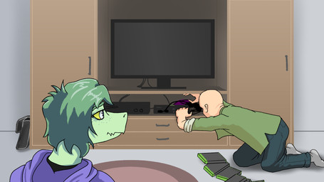 anthro bald bent_over biped black_clothing black_shirt black_topwear clothed clothed_anthro clothed_female clothed_human clothed_male clothing duo electronics female fingers footwear freckled_face freckles game_case green_body green_clothing green_hair green_jacket green_shirt green_topwear grey_eyes hair hoodie human_on_anthro humanoid_hands inside interspecies jacket looking_at_another male male/female neutral_expression open_clothing open_jacket open_topwear purple_clothing purple_hoodie purple_topwear rear_view shirt short_hair socks television topwear yellow_sclera sebek_fereh_ra cavemanon_studios i_wani_hug_that_gator microsoft snoot_game xbox xbox_game_studios anon_(snoot_game) olivia_halford baryonyx dinosaur human mammal prehistoric_species reptile saurischian scalie spinosaurid theropod colored crossover hi_res shaded