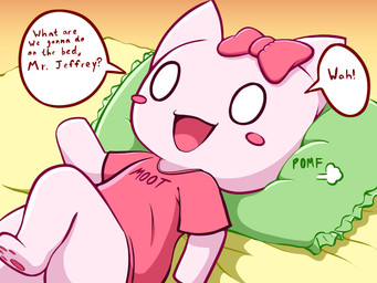 ambiguous_gender anthro bed blush bow_ribbon clothing furniture lying on_back on_bed open_mouth pawpads pillow pink_clothing pink_shirt pink_topwear pomf shirt smile solo speech_bubble text topwear white_body white_eyes half_dime 4chan pomf_(meme) moot domestic_cat felid feline felis mammal 2026 4:3 absurd_res hi_res meme