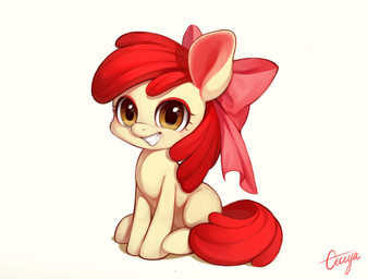 accessory bow_(feature) bow_accessory bow_ribbon centered_hair_bow female feral hair hair_accessory hair_bow hair_ribbon red_hair ribbons simple_background sitting smile solo teeth ciciya friendship_is_magic hasbro my_little_pony apple_bloom_(mlp) earth_pony equid equine horse mammal pony 2015 signature