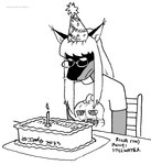 angry anthro birthday_cake birthday_candle cake clothed clothing dessert eyewear female food fur glasses hair hat headgear headwear party_hat solo tegerio rina_(runei) canid canine fox mammal 2023 greyscale hi_res monochrome