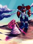 autobot blue_eyes clothed clothing duo female hair holding_object machine melee_weapon not_furry pink_hair shield standing sword weapon aethergeologist cartoon_network hasbro steven_universe takara_tomy transformers optimus_prime rose_quartz_universe cybertronian human humanoid living_machine mammal robot robot_humanoid 3:4 crossover digital_media_(artwork) hi_res