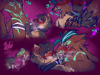 5_fingers anthro bite black_hair black_nose blush blush_lines bodily_fluids brown_body brown_fur bulge bulge_lick collar cum cum_in_mouth cum_inside cum_kiss cum_string drooling duo ear_piercing ear_ring eyes_closed fangs fingers french_kissing fur gender_symbol genital_fluids glowing glowing_tattoo green_hair hair half-closed_eyes heart_symbol kissing licking love male male/male male_symbol motion_lines narrowed_eyes piercing ring_piercing saliva saliva_string sex symbol tattoo teeth tongue abzel lang_(abzel) qiu_(abzel) canid canine canis mammal wolf 2026 digital_drawing_(artwork) digital_media_(artwork) english_description multiple_scenes signature