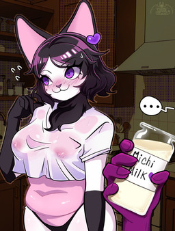 anthro belly big_breasts blush blush_lines breasts clothed clothing duo embarrased_horny female jolyne_(chubigumi) milk nervous nervous_smile nipple_piercing nipples panties partially_clothed piercing slightly_chubby slightly_chubby_anthro slightly_chubby_female smile solo underwear felid feline mammal hi_res