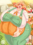 anthro autumn big_breasts breasts brown_body brown_eyes brown_fur building clothing colored_nails curled_tail curvy_figure detailed_background female food fruit fur grass green_clothing green_nails green_overalls hair holding_pumpkin horn house huge_breasts jumping looking_at_viewer nails open_mouth orange_hair outside overalls pink_nose plant pumpkin raised_tail shirt smile solo tail thick_thighs topwear tree twintails_(hairstyle) voluptuous white_body white_clothing white_fur white_horn white_shirt white_topwear wide_hips sasanoha6011 bovid bovine cattle mammal absurd_res hi_res