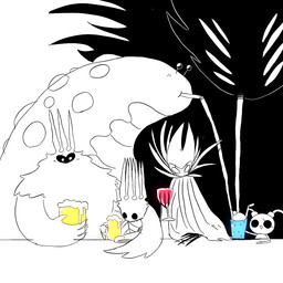 8_eyes ambiguous_gender antennae_(anatomy) beverage biped black_eyes drinking_straw eyelashes female fur group holding_beverage holding_object multi_eye open_mouth open_smile smile white_eyes osakana2gou hollow_knight team_cherry grimm_(hollow_knight) joni_(hollow_knight) pale_king_(hollow_knight) radiance_(hollow_knight) shade_lord_(hollow_knight) unn_(hollow_knight) arthropod gastropod insect lepidopteran mollusk moth shadow_creature slug 1:1 2022 male_(lore)