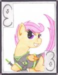 card card_template clubs_(suit) feathered_wings feathers female feral hair melee_weapon number orange_body orange_feathers playing_card playing_card_template smile solo suit_symbol sword three_of_clubs weapon wings the1king friendship_is_magic hasbro my_little_pony mythology scootaloo_(mlp) equid equine mammal mythological_creature mythological_equine pegasus traditional_media_(artwork)